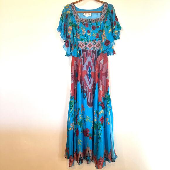 NWT La Fuori 100% silk beaded floral maxi dress blue small flutter sleeve NWT La Fuori 100% silk beaded floral maxi dress blue small flutter sleeve
